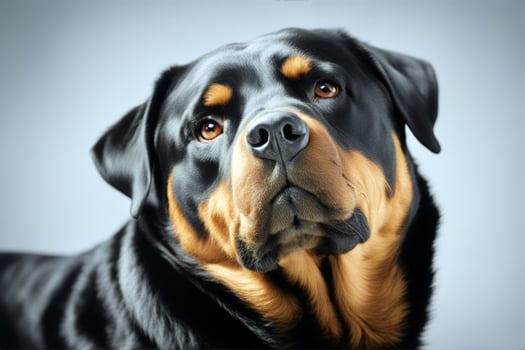 Rottweiler front background white panting breed big portrait defender tongue strong security animal brown muscular indoor studio pet dog guard black devoted photo