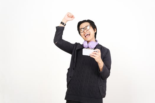 A man with headphones and a cup of coffee photo