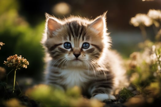 playing garden kitten expression little yellow pretty pet summer walk relax baby fur meadow domestic striped cat felino funny fresh green spring nature light photo