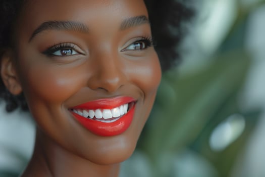 A smiling young Black woman with radiant skin and bold red lips, exuding confidence against a lush green backdrop. photo