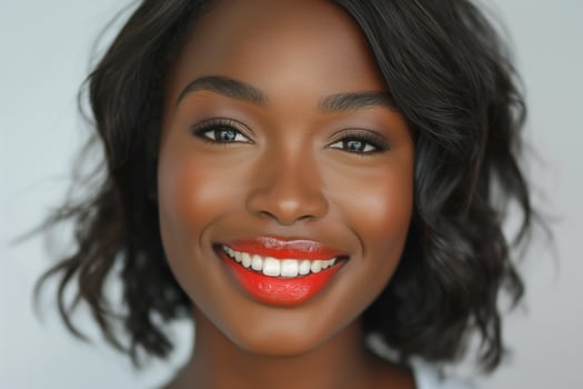 A smiling Black woman with wavy hair and bright red lips showcases her radiant smile and joyful spirit. photo