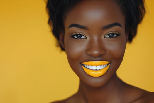 A joyful Black woman with vibrant yellow lipstick smiles brightly against a cheerful yellow background. photo