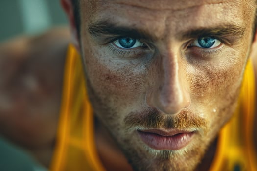 Close-up of a determined Caucasian male athlete with striking blue eyes, showcasing intense focus and grit in his expression. photo