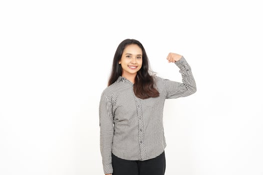 A woman in a shirt flexing her bicep photo