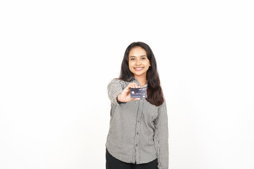 A woman holding a credit card in her hand photo