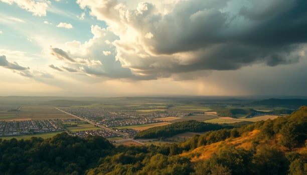 Dramatic Storm Clouds Over a Sunlit Town Landscape photo
