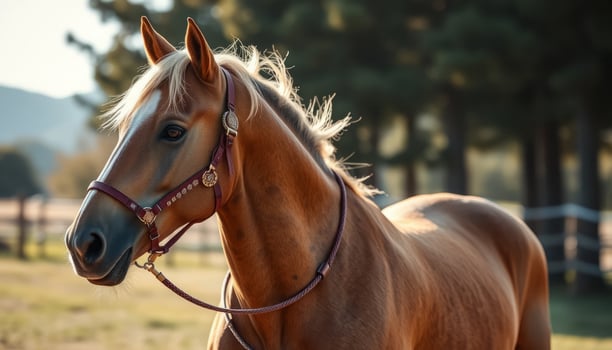 Elegant Brown Horse With Beaded Harness In Rural Landscape photo