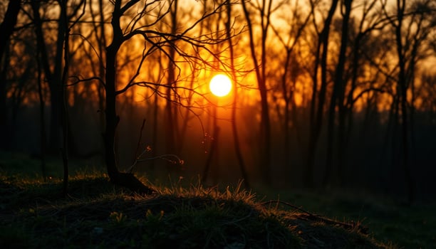 Golden Sunset Through Dark Forest Trees photo
