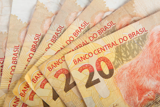 Brazilian Money. Close-up of a fan of 20 Brazilian Real banknotes photo