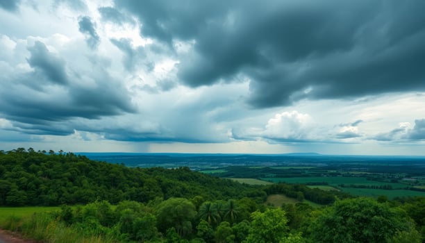 Dark Storm Clouds Over Lush Green Landscape photo