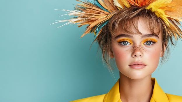 Beautiful young woman with colorful hair and feathers in her hair photo