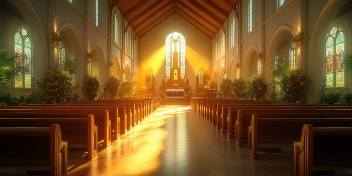Sunlight streams through stained glass in a peaceful church during a serene early morning service photo