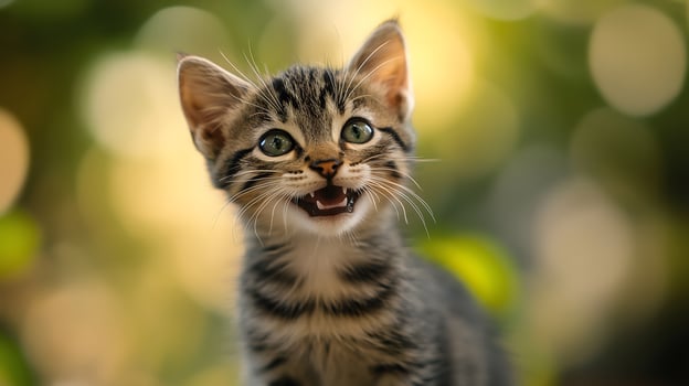 Playful Tabby Kitten with Open Mouth in a Sunlit Garden photo