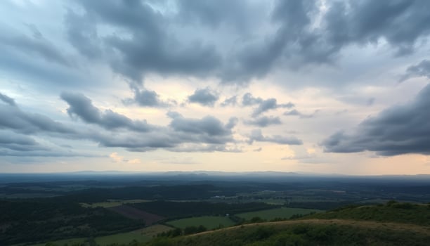 Dramatic Landscape with Gray and Blue Storm Clouds Over Green Hills at Sunset photo