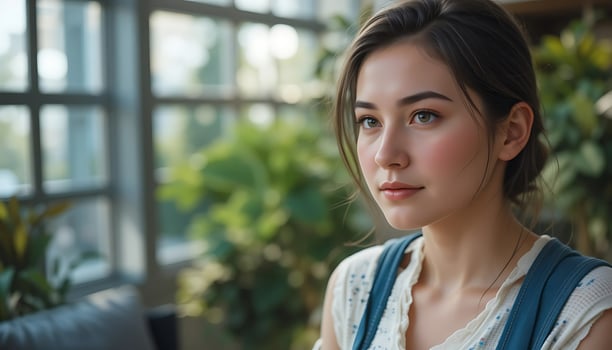 Candid Portrait of a Woman in a Bright Indoor Space Surrounded by Greenery photo