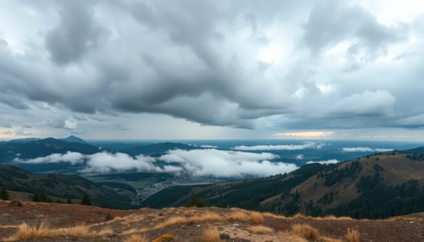 Dramatic Cloudy Sky Over Foggy Valley Landscape photo