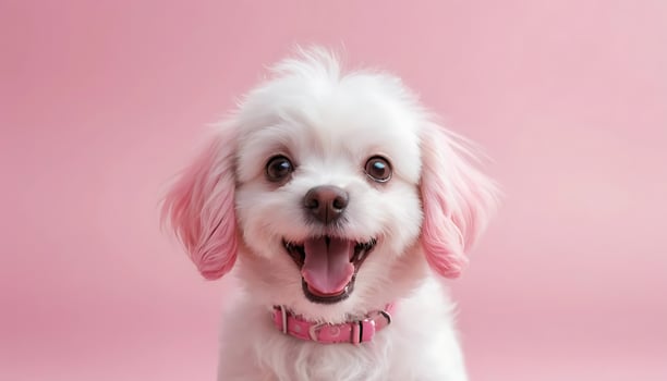 Joyful Dog with Pink Ears Smiling on Soft Pink Background photo