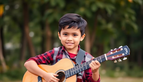 Young Child Playing Acoustic Guitar in a Natural Outdoor Setting photo