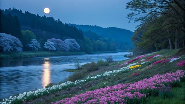 A river with flowers and trees in the foreground photo