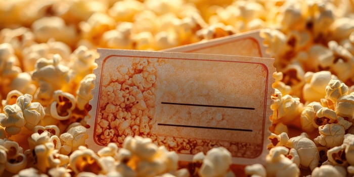 Tickets resting among fresh popcorn highlight a festive atmosphere at a local movie theater during the evening rush photo