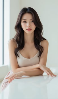 Beautiful asian woman sitting on white table photo