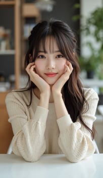 A woman with long hair sitting at a table photo