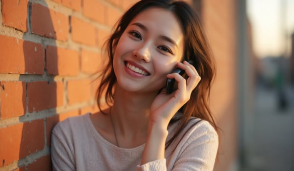 A woman is smiling while talking on a cell phone photo