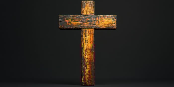 Rustic wooden cross displayed on a dark background showcasing weathered texture and natural grain patterns photo