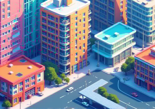 An isometric view of a city with buildings and cars photo