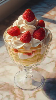 Strawberry shortcake dessert with whipped cream and fresh strawberries in afternoon sunlight photo