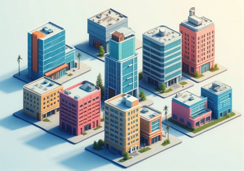 Isometric city buildings with windows and doors photo