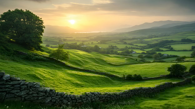 Sunset illuminating green rolling hills and fields of Snowdonia National Park in Wales photo