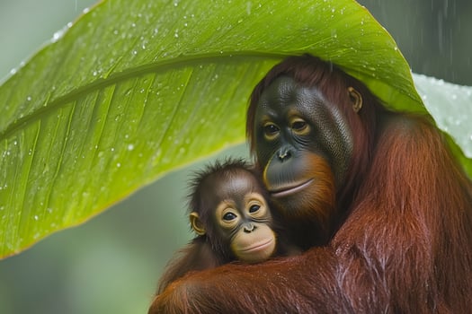Mother orangutan protecting baby under large leaf during rain photo