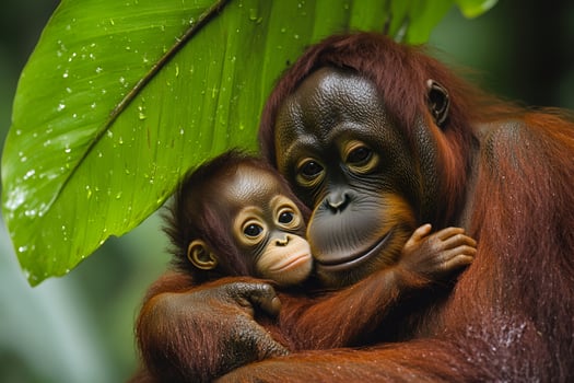 Mother orangutan embracing her baby under a large leaf in the rainforest photo