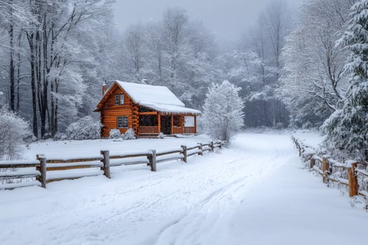 Wooden cabin covered by snow during snowfall in winter forest photo