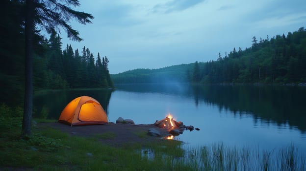 Illuminated tent and campfire by the lake at twilight, creating a peaceful camping scene photo