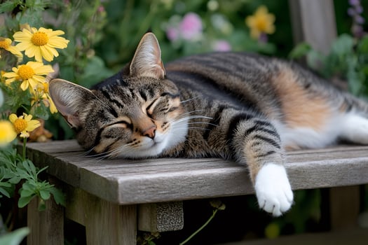 Cat sleeping peacefully on a wooden bench in a blooming garden photo