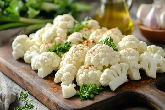 Fresh cauliflower florets seasoned with paprika and parsley lying on wooden cutting board photo