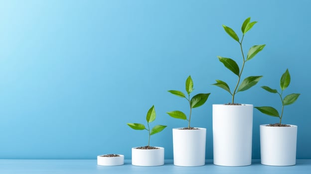 Growing Plants in White Pots on Blue Background photo