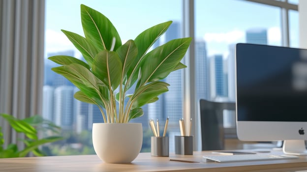 Modern Office Desk with Green Plant and City View photo