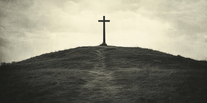 Cross atop a hill under an overcast sky at dusk with a winding path leading up to it photo