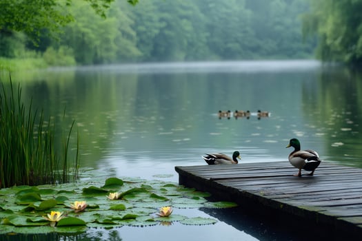Mallard ducks standing on a wooden pier in a serene lake setting photo