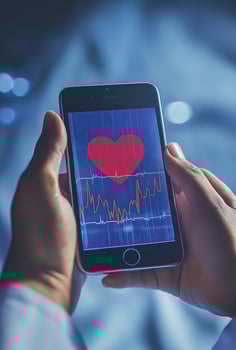 Close up of hands holding smartphone displaying heart monitor graphic, symbolizing health and technology photo