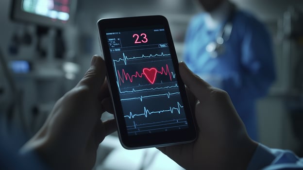 ECG monitor displaying heart rate on smartphone in medical setting, showcasing technology and healthcare photo