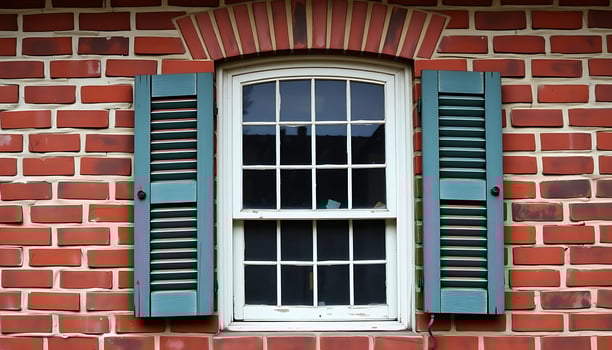 Charming Window with Blue Shutters on Red Brick Wall for Cozy Home Aesthetics photo