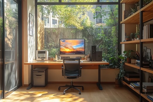 Modern home office with garden view in natural light photo