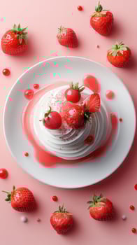 Delightful dessert featuring fresh strawberries and cream on a pink backdrop showcasing summer sweetness photo