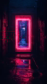 Pink neon sign illuminating dark alleyway on rainy night photo