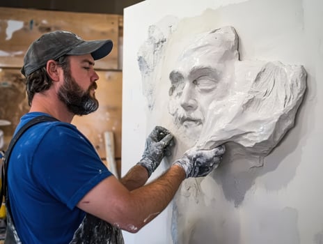 A sculptor carefully shapes a relief portrait from plaster, showcasing artistry and craftsmanship in a creative workspace. photo