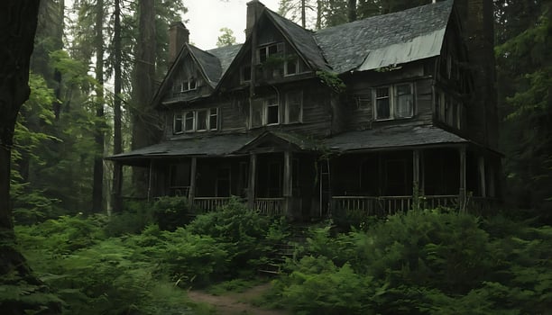Exploring a Creepy Abandoned House Surrounded by Lush Forest Vegetation photo